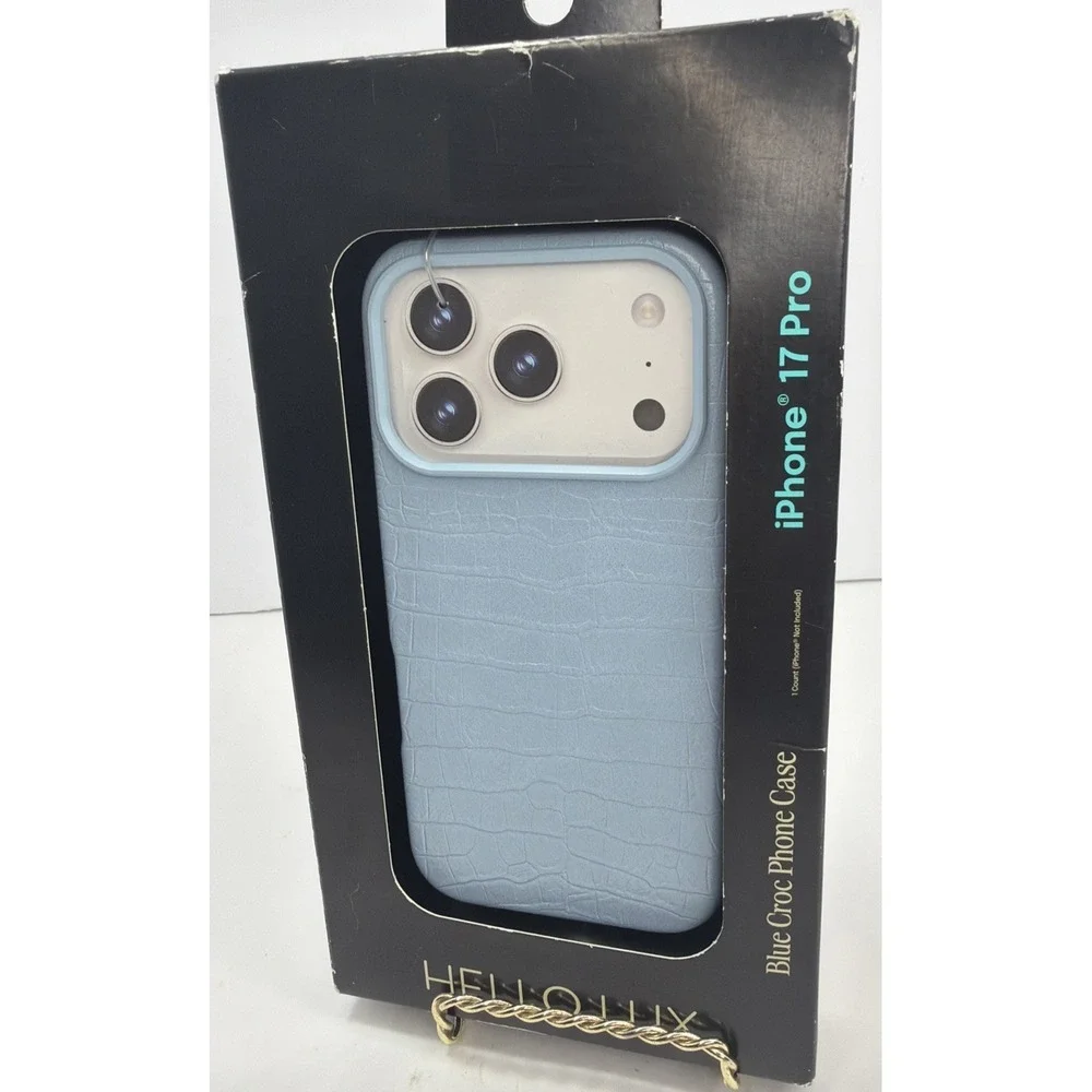 HELLO LUX Blue Croc Phone Case for iPhone 17 Pro Faux Leather Drop Protection